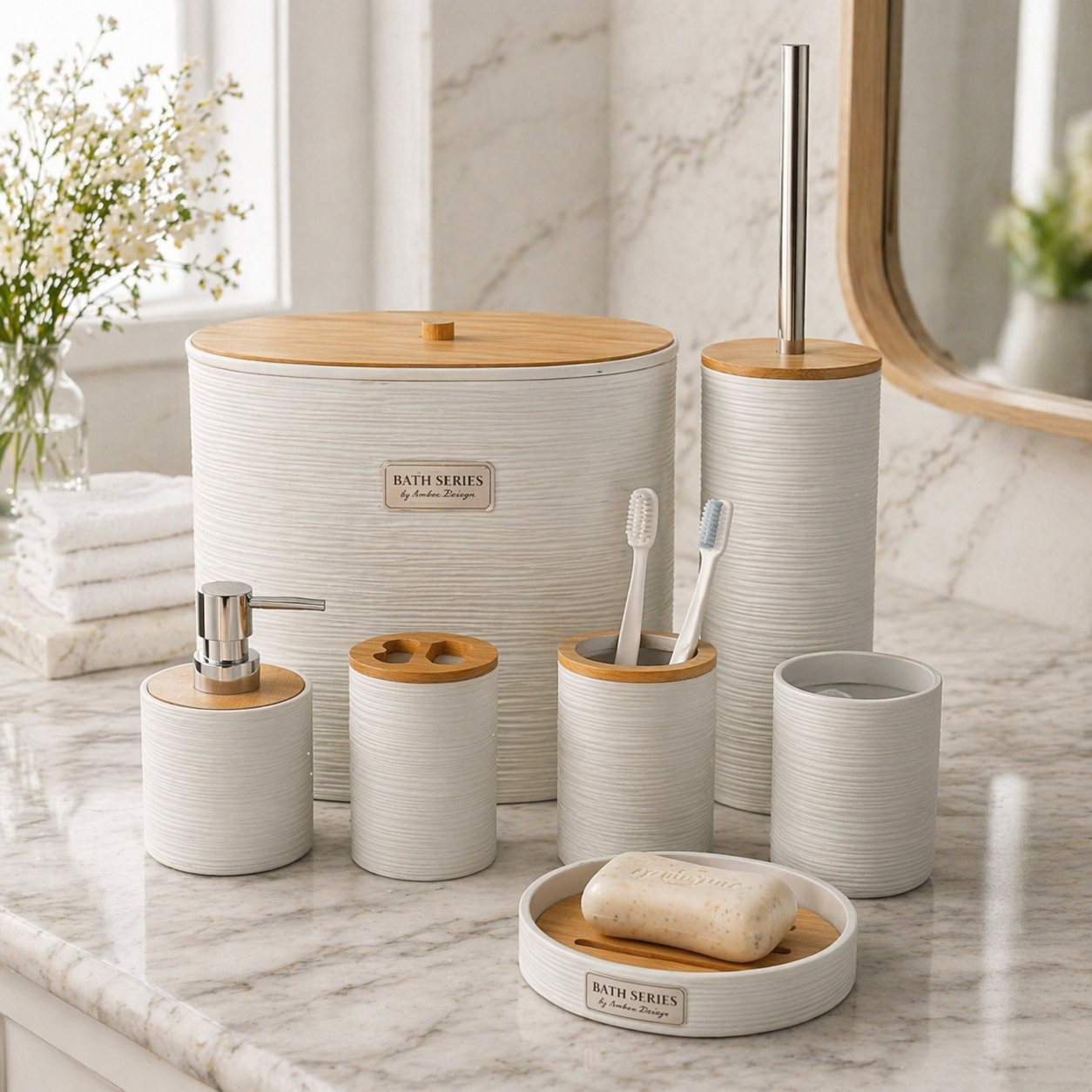 طقم حمام فاخر بتصميم عصري + غطاء خشبي أنيق